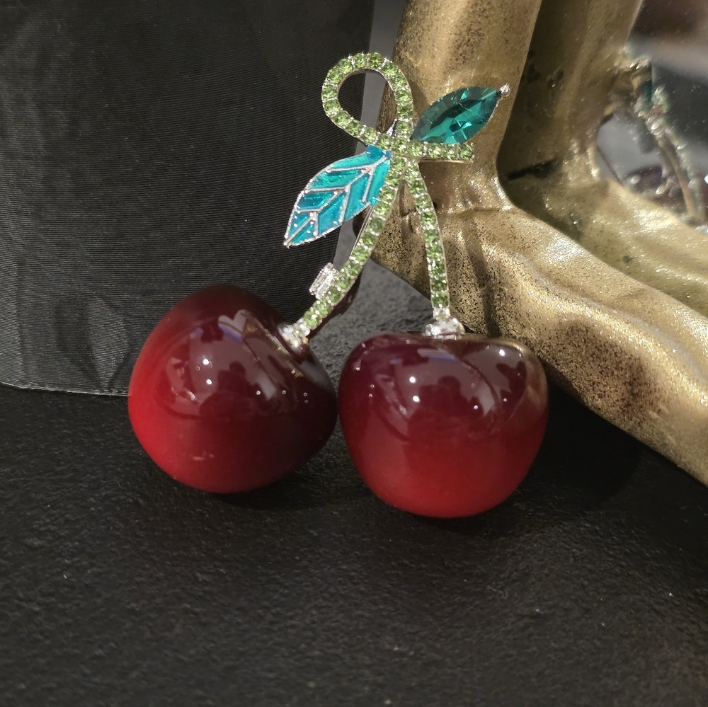Cherry Brooch Pin Lucite Vintage Style Silver